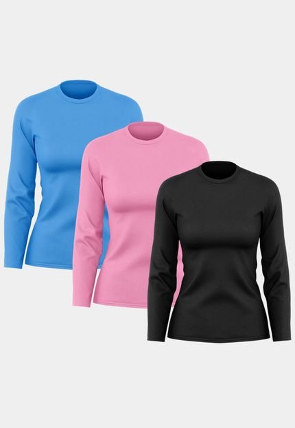 Kit 3 Camisetas Manga Longa Feminina Dry Básica Lisa Proteção Solar UV Térmica Blusa Academia Esporte Camisa  Rosa/Azul - Marca ADRIBEN