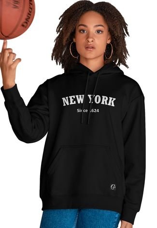 Blusa De Frio Feminina Moletom Flanelado Com Capuz e Bolso Canguru New York Preto