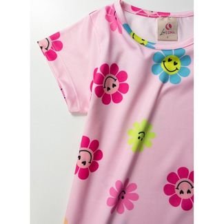 Vestido Infantil Manga Curta Flores Sorridentes Rosa 0069 - Laluna