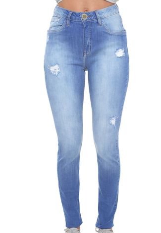 Calça Jeans Eventual Skinny Destroyed Azul