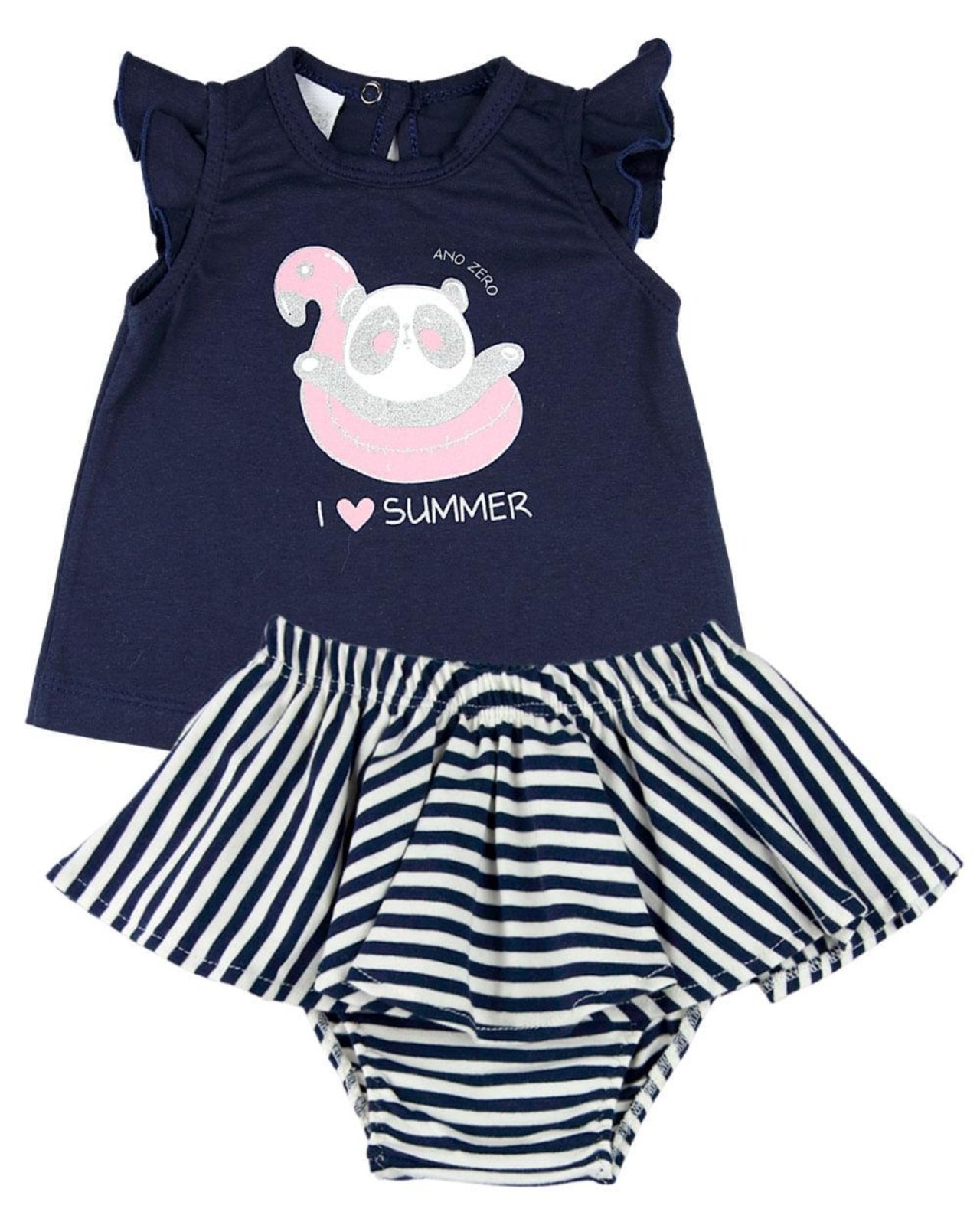 Conjunto Bebê Menina Cotton Liso e Listrado Panda I Love Summer - Marinho - Marca Ano Zero