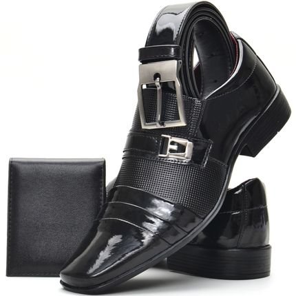 Kit de Sapato Social Envernizado SapatoFran Preto Masculino com Cinto e Carteira - Marca Bbt Footwear