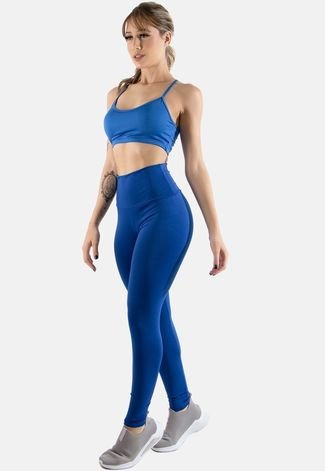 Conjunto Feminino Fitness Top alça fina e Calça Legging Lisa Treino Academia 4 Estações Azul Royal