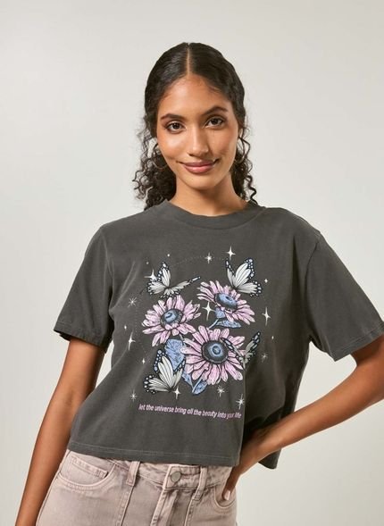 Camiseta Cropped Estonada Com Flores - Marca Youcom