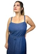 Vestido Liage Longo Liso Alça Alcinha Plus Size Denim Azul Escuro Jeans - Marca Liage