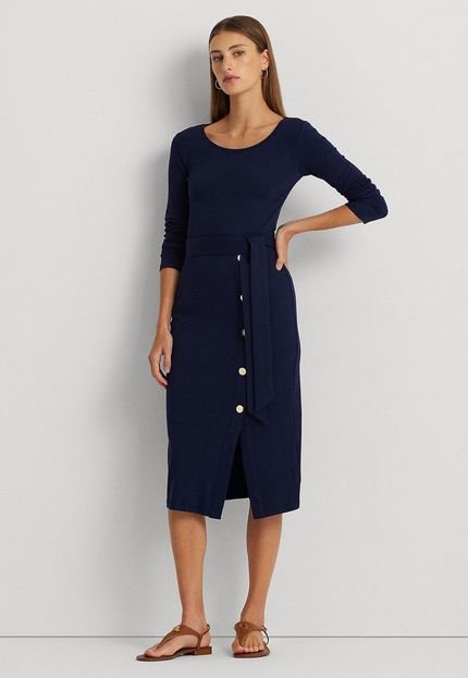 Vestido Lauren Ralph Lauren Midi Ripada Azul-Marinho - Marca Lauren Ralph Lauren