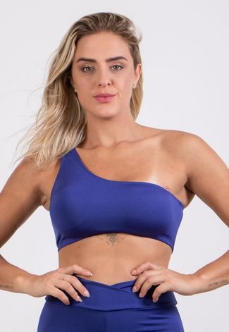 Top Cropped Fitness Feminino Com Alça De Um Ombro Só Blogueira 4 Estações Azul Royal