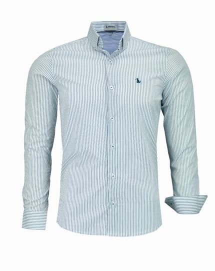 Camisa Social Amil Slim Listrada Rezon C/botões na Gola M/Longa Lançamento Luxo Marinho - Marca Amil