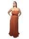 Vestido Liage Longo Liso Tomara que Caia Plissado Cinto Metal Plus Size Dourado Terracota Marrom - Marca Liage