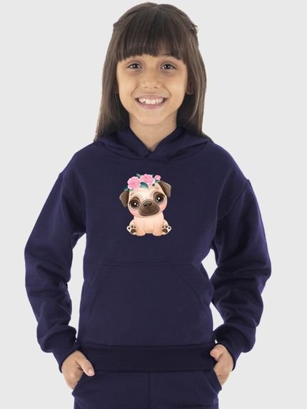 Moletom Canguru Infantil Menina Estampado Dog Pug Marinho - Marca Benellys