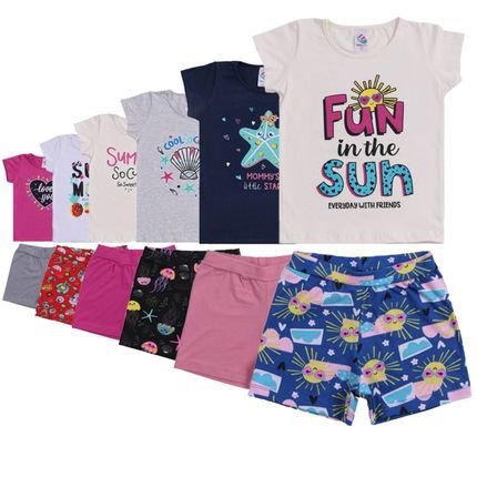 6 Conjuntos Infantil Feminino Menina Camiseta Manga Curta e Bermudas em Cotton - Marca Alikids