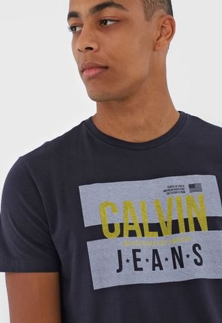 Camiseta Calvin Klein Jeans Lettering Azul-Marinho