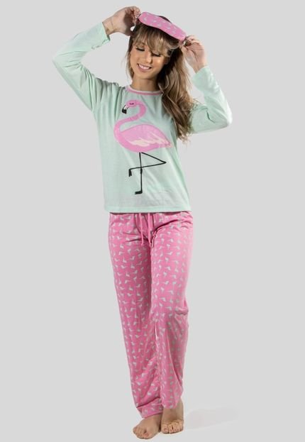Pijama Feminino Longo Inverno Estampa Flamingo Com Tapa Olho Manga Longa RLC Modas - Marca RLC Modas