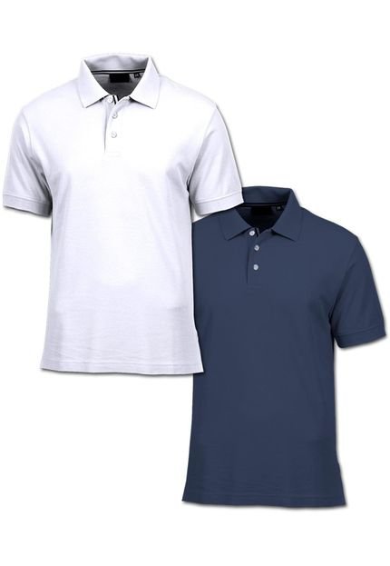 Camisa Polo Masculina Malha Piquet Kit 2 Camiseta Lisa Básica Uniforme Trabalho Empresa Techmalhas Branco/Azul Marinho - Marca TECHMALHAS