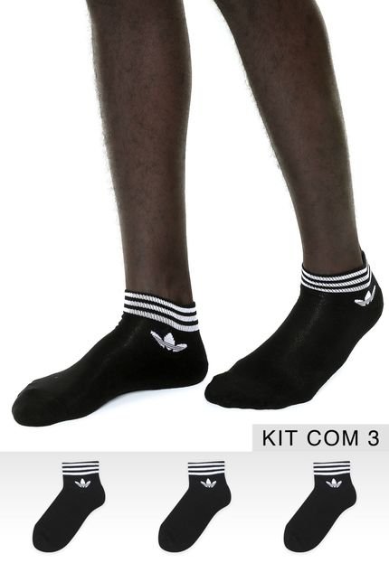 Kit 3pçs Meia adidas Originals Soquete TRF Ankle Stripes Preta/Branca - Marca adidas Originals