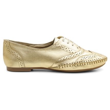 Oxford Feminino Sapato Casual Couro Costurado à Mão Brogue Bico Redondo Amarração Casual Dourado - Marca Walk Easy