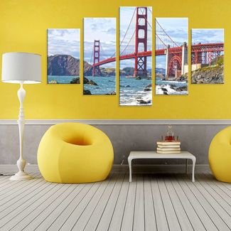 Conjunto de 5 Telas Decorativas em Canvas Love Decor Ponte Golden Multicolorido 90x160cm
