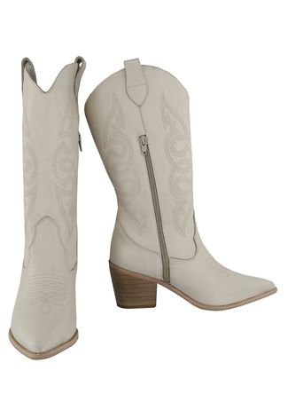 Bota Texana Western Em Couro Ravy Store Country Bico Fino Bordada Off White