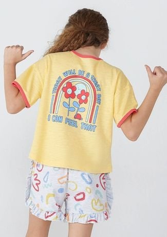Pijama Infantil Menina Curto Estampado Com Babados Tam 1 A 16 - Amarelo