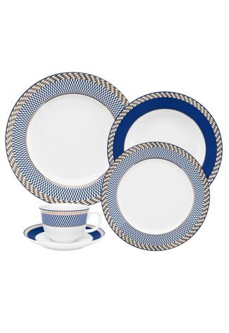 Aparelho de Jantar e Chá Oxford Porcelana Flamingo Op Art 30 pçs Branco/Azul