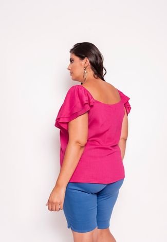Blusa Plus Size Renda no Decote Quadriculado  Pink