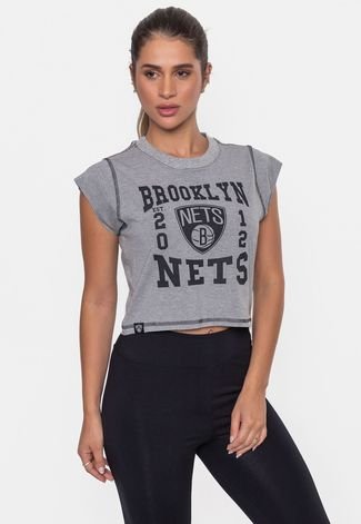 Cropped NBA Feminino College Brooklyn Nets Cinza Mescla Claro
