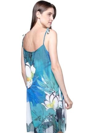 Vestido 101 Resort Wear  Saida de Praia Camadas Crepe Estampado Exclusivo Floral Azul