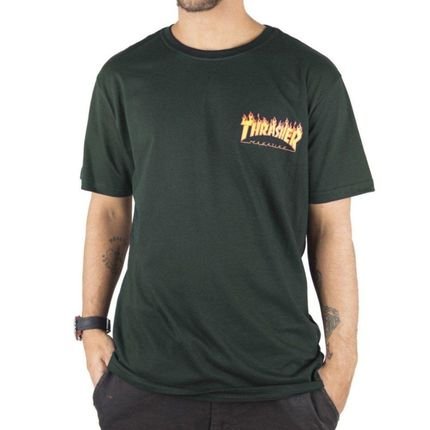 Camiseta Thrasher Flame Logo Button Masculina Verde Escuro - Marca Thrasher Magazine