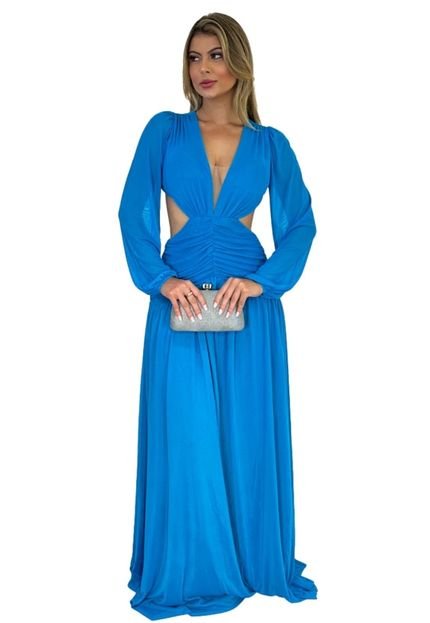 Vestido Longo Micro Tule Manga Longa Abertura Daffine Azul Turquesa - Marca Cia do Vestido