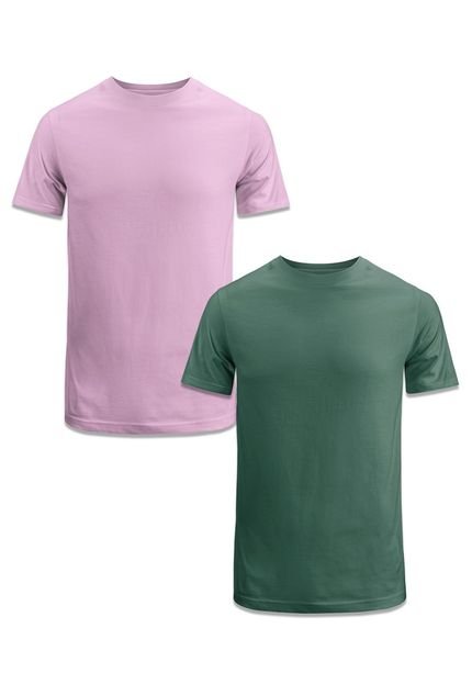 Camiseta Masculina Kit 2 Em Algodão 30.1 Camisa Gola Redonda Básica Lisa Macia Casual Techmalhas Rosa Claro/Verde Militar - Marca TECHMALHAS