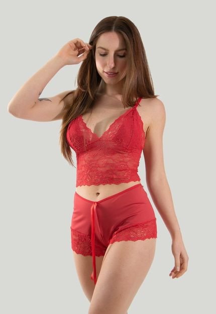 Short Doll Sexy Pijama Curto com Renda Linha Noite Vermelho - Marca Linha Noite