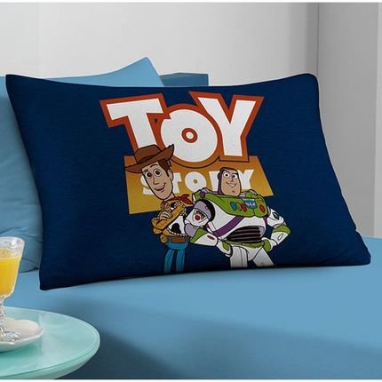 Fronha Avulsa Estampa Localizada Toy Story de Malha Fio penteado 30/1 - Woody e Buzz Azul - Marca Portallar