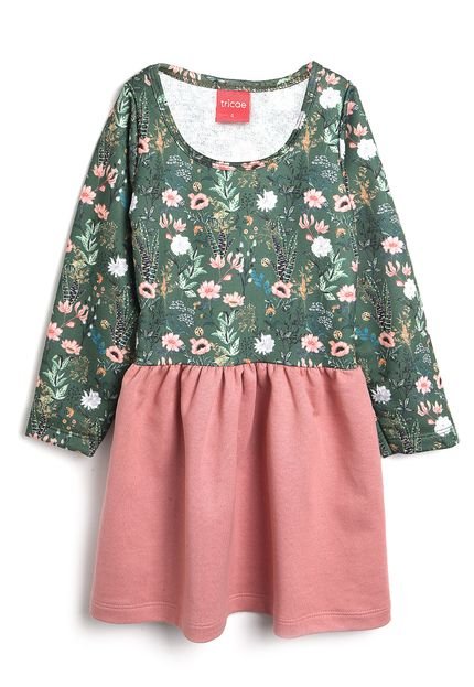 Vestido Tricae Infantil Floral Verde/Rosa - Marca Tricae