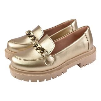 Sapato Feminino Mocassim Tratorado Donatella Shoes Bico Redondo Confort Ouro Light com corrente