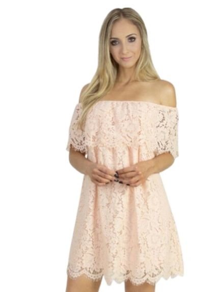 Vestido Liage Curto Liso Ombro a Ombro Ciganinha Renda Nude Laranja Claro Salmao - Marca Liage