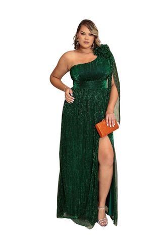 Vestido Longo De Festa Madrinhas Lurex Fio Metalizado Com Brilho um Ombro Phizze Plus Size  Verde Esmeralda