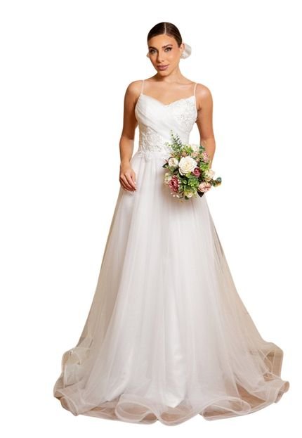 Vestido Longo de Noiva Casamento Alcinha Renda Laço Benedith Branco - Marca Cia do Vestido