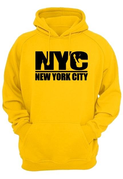 Moletom Moleton Blusa de Frio Casaco Amarelo Fechado com Capuz e Bolso Grosso Flanelado Estampa NYC City Preta - Marca MooBoo