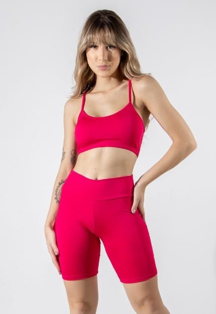 Conjunto Feminino Fitness Top alça fina e Bemudinha Suplex Lisa Treino Academia 4 Estações Rosa - Marca RLC Modas