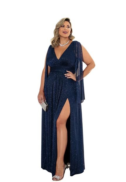 Vestido Longo de Festa decote em V Plus size Curvy Lurex Phinnatta Azul Petróleo - Marca Cia do Vestido