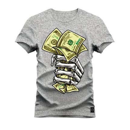 Camiseta Plus Size Premium Estampada Algodão Confortável Mão Caveira Money - Cinza - Marca Nexstar