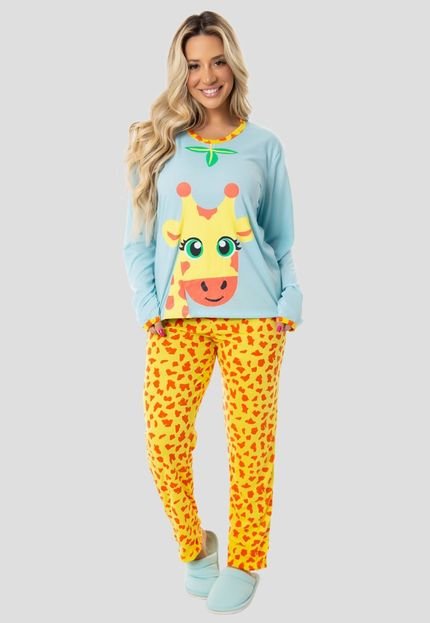 Pijama Longo Inverno Adulto Feminino MdMix Girafa Laranja - Marca MdMix