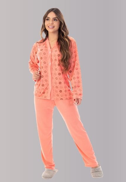Pijama Longo Botão Maternidade Amamentação Donuts Laranja - Marca Renda Íntima Lingerie