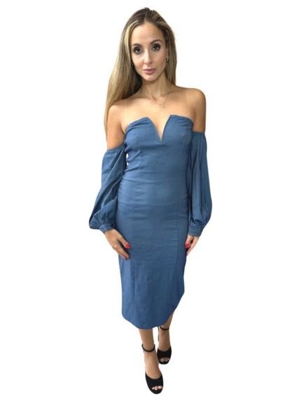 Vestido Liage Midi Liso Tomara que Caia Manga Comprida Jeans Denim Azul Claro - Marca Liage