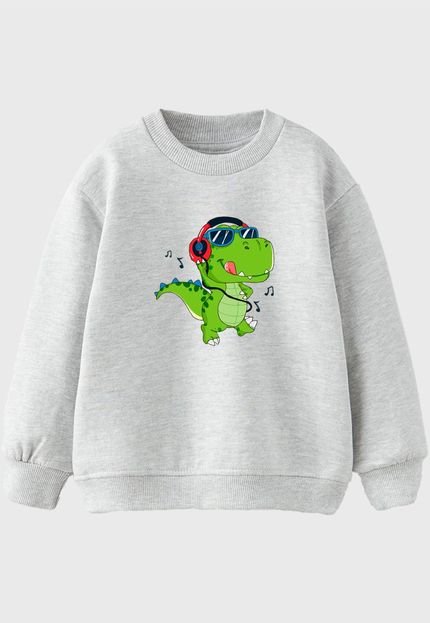 Moletom Gola Redonda Infantil Menina Dinossauro T-REX Benellys Cinza - Marca Benellys