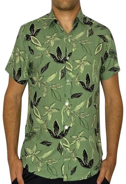 Camisa Social Slim Fit Estampa Folhas Verdes Manga Curta - Marca CoolWave