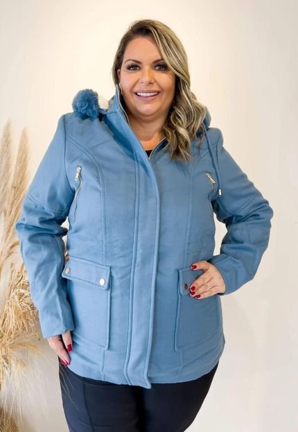 Jaqueta Parka Lã Batida Plus Size Inverno Forrada Com Capuz Removível Azul Céu - Marca Cia do Vestido
