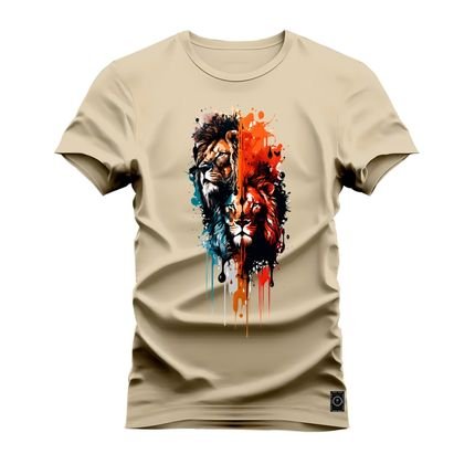 Camiseta Plus Size Estampada Algodão Premium Leões - Bege - Marca Nexstar