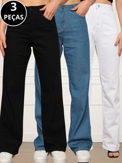 Kit 03 Calças Jeans Wide Leg Pantalona Feminina Preta, Azul Médio e Branco - Marca CKF Wear