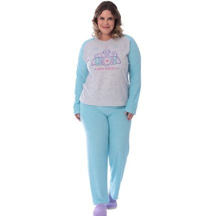 Pijama De Inverno Feminino Plus Size Plush Tamanho Especial  Azul Claro - Marca Victory